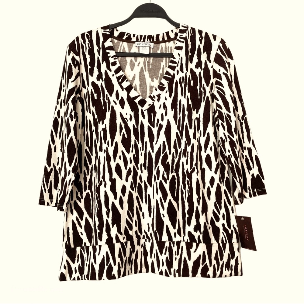 NWT Kokomo Animal Print V-Neck Brown/Cream 3/4 Sleeve Sweater Size Large